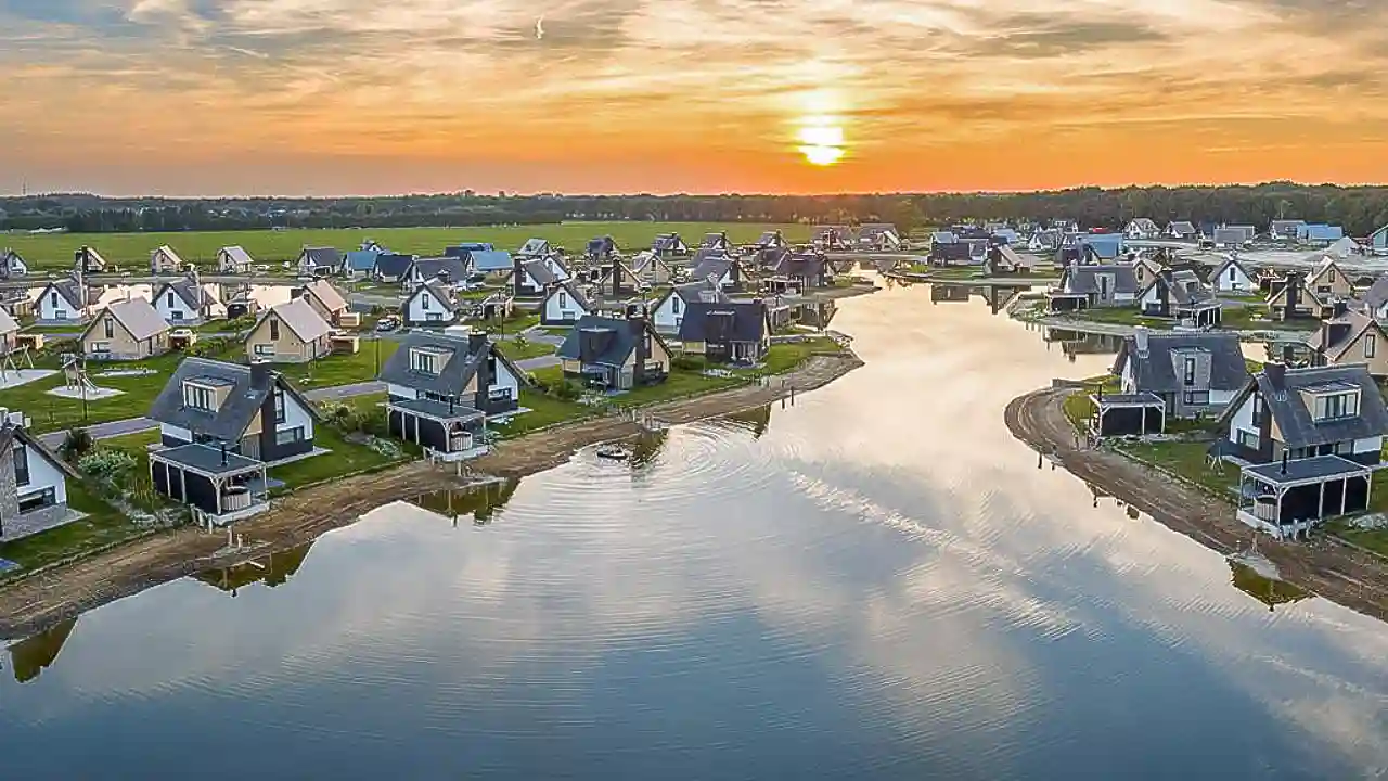 Drone zicht Vakantiepark Drentse Lagune: Water, natuur en mooie vakantiehuisjes!